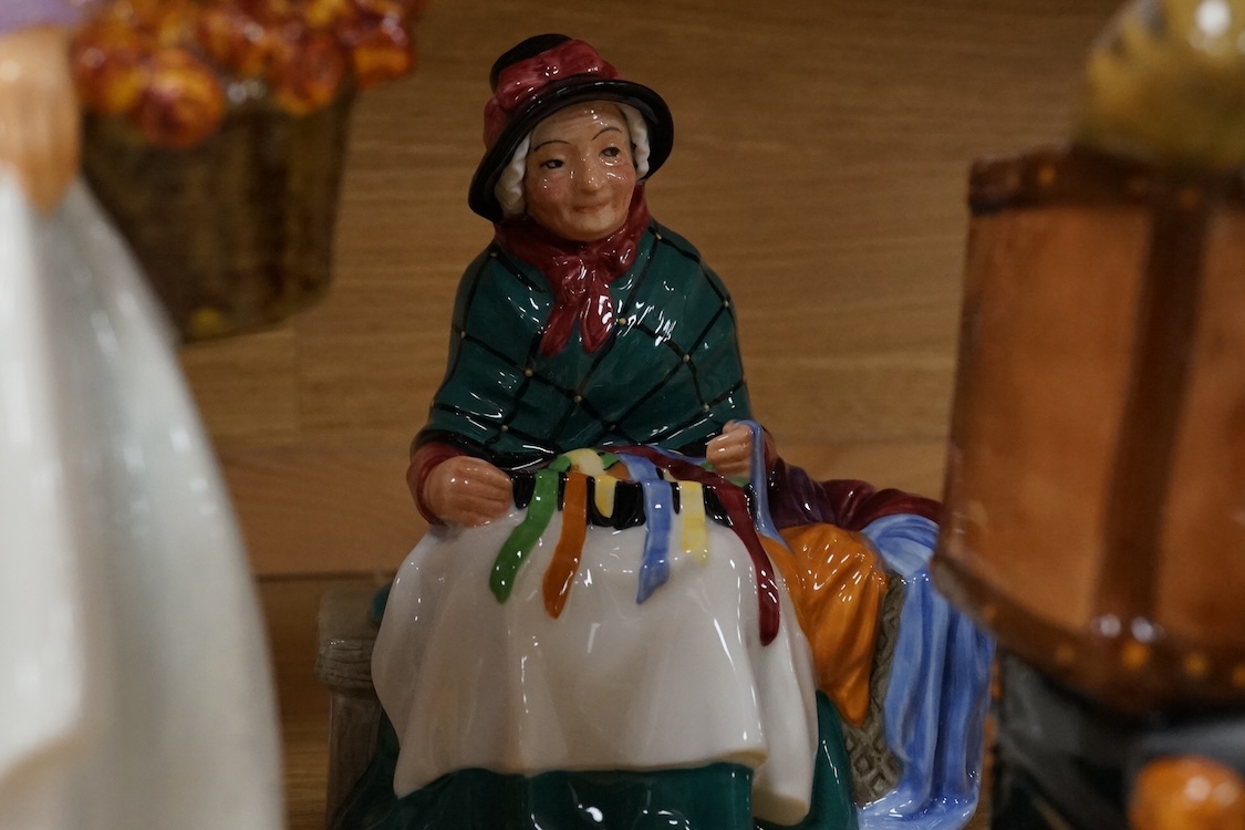 A collection of Royal Doulton figures to include The Railway Sleeper, Blacksmith, Biddy Pennyfarthing, Nurse, French Peasant, etc, largest 24cm high